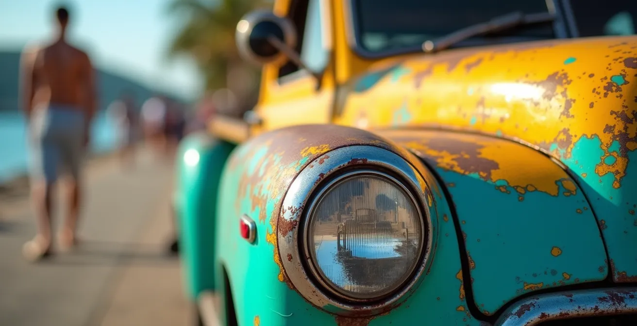 Taxi collectif coloré attendant les passagers au port des Trois-Îlets avec vue sur la baie