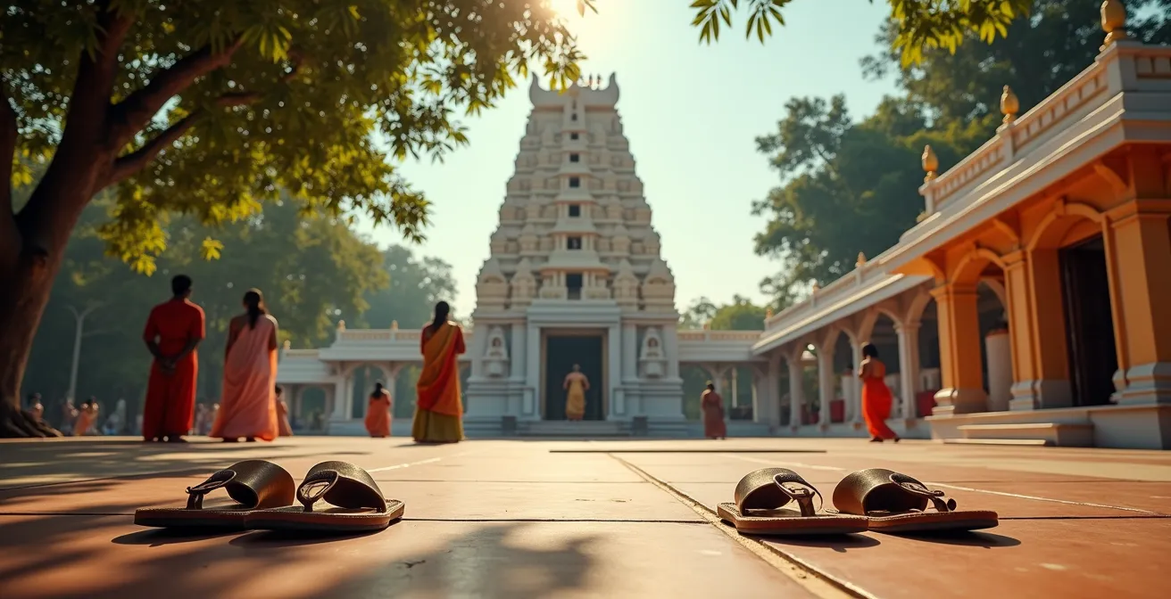 Vue respectueuse d'un temple tamoul coloré à La Réunion avec fidèles en prière