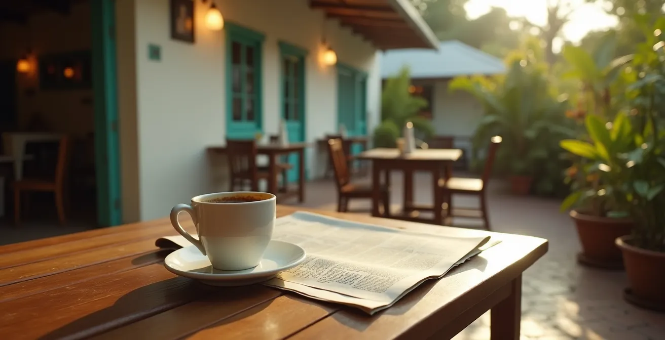 Terrasse de café tropical avec un habitué régulier salué chaleureusement par le personnel local