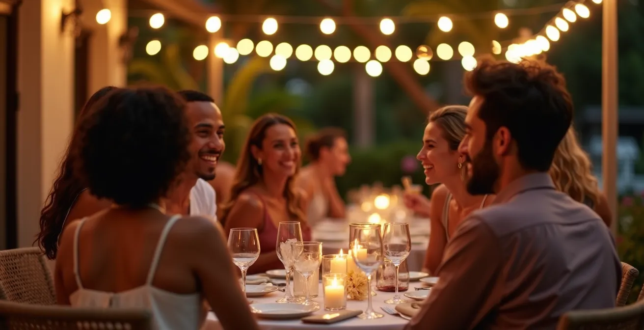 Terrasse de villa luxueuse avec éclairage tamisé pour soirée élégante sans nuisance