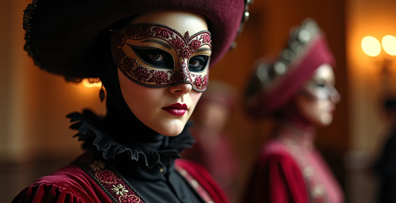 Femme touloulou en costume traditionnel avec masque intégral lors d'un bal en Guyane