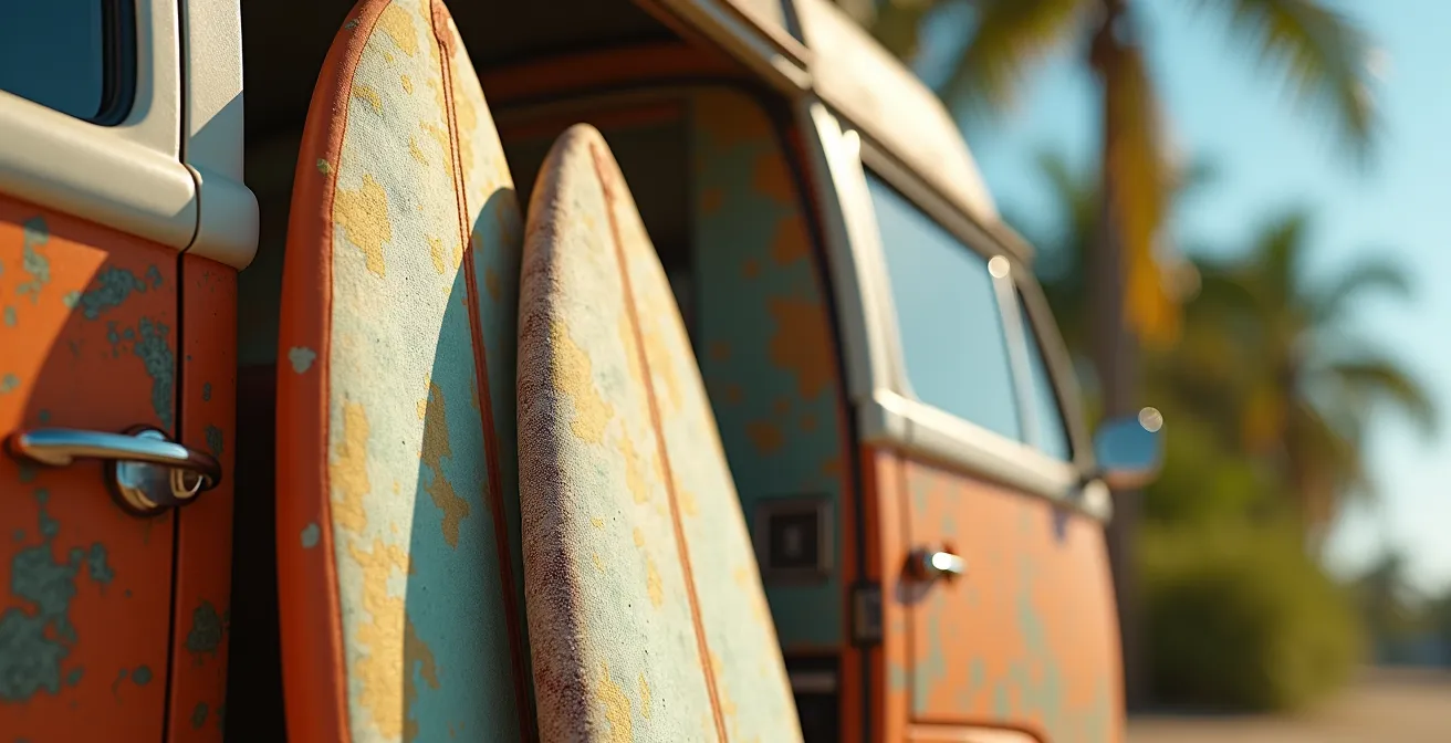 Gros plan sur des housses de surf colorées posées contre un van de transport