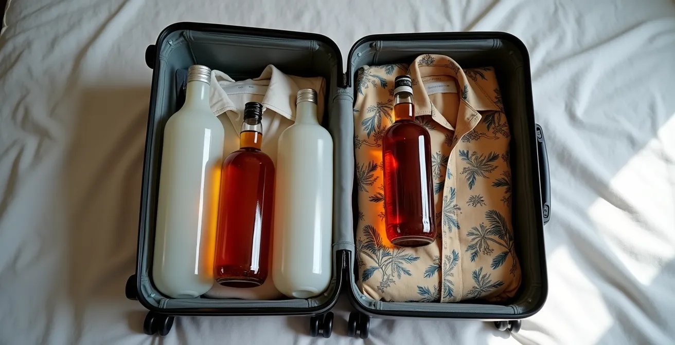 Valise ouverte montrant des protections gonflables pour bouteilles entourées de vêtements