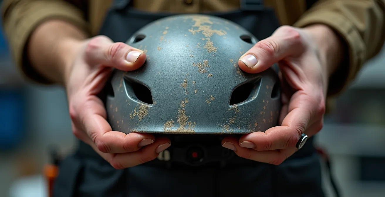 Gros plan sur des mains inspectant minutieusement un casque d'escalade avec texture et détails visibles
