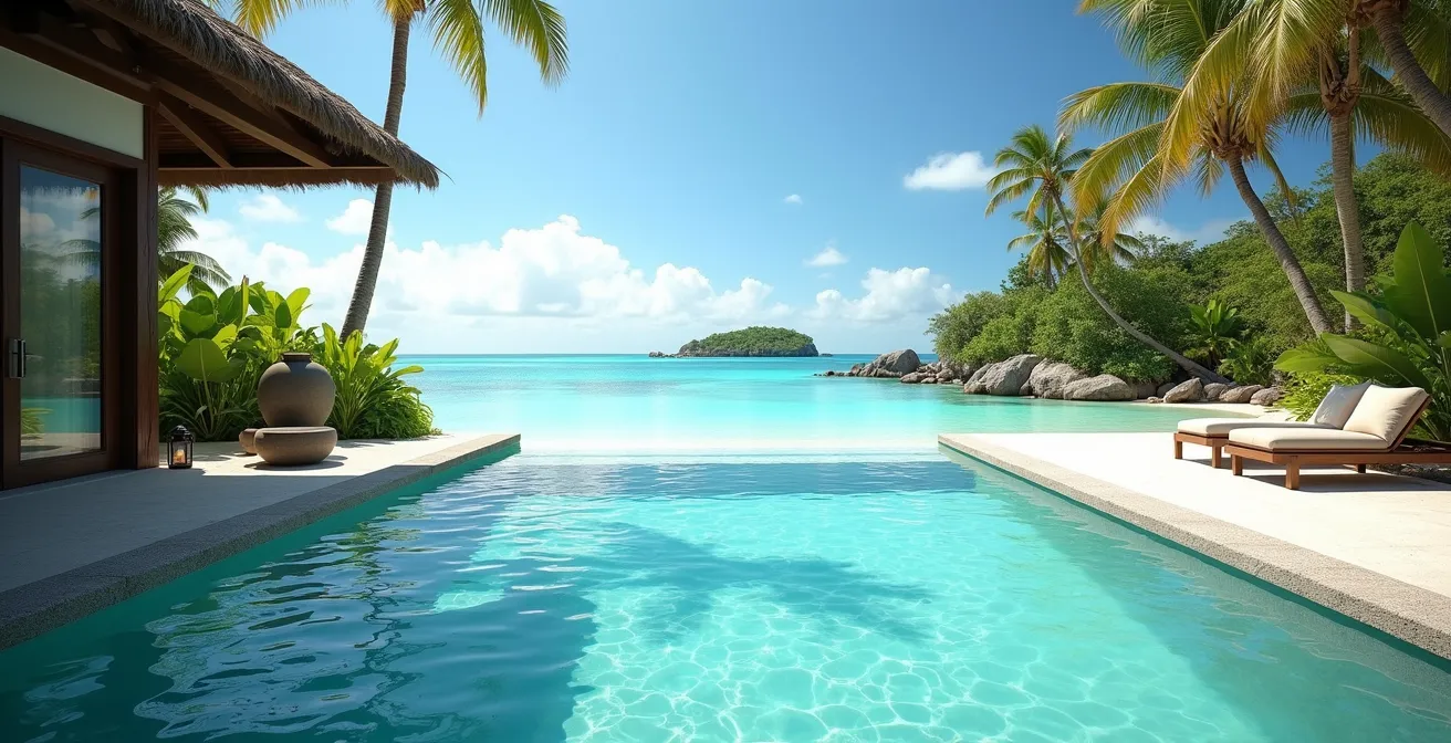 Villa de plage avec piscine à débordement privée donnant sur le lagon turquoise, entourée de végétation tropicale