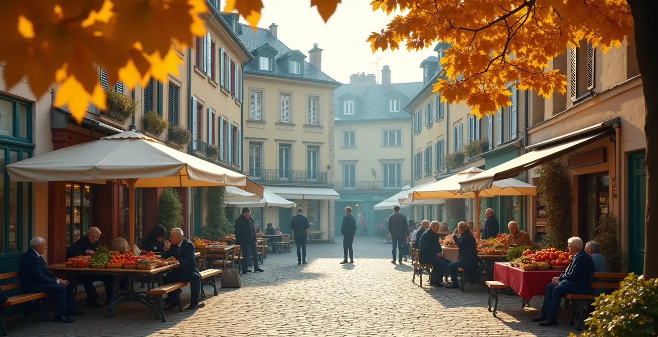 Vue large d'une place de village français en automne avec des habitants locaux au marché