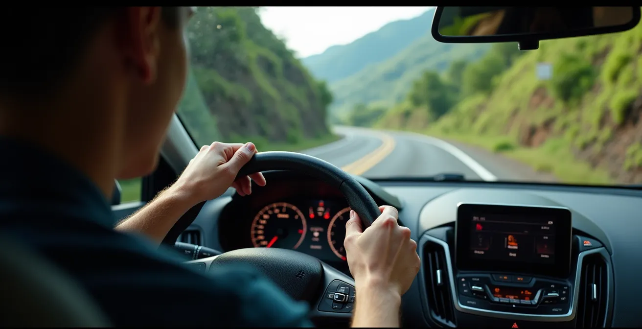 Voiture grimpant une route de montagne sinueuse avec vue sur les ravines de La Réunion