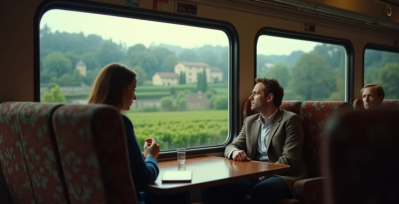 Intérieur d'un train régional français avec voyageur contemplant le paysage rural