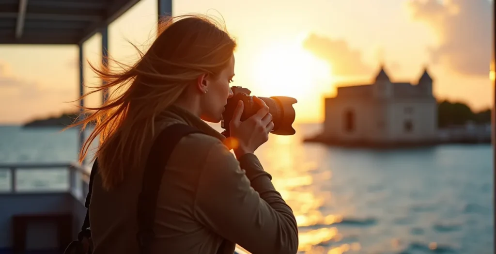Photographe sur le pont supérieur d'une navette maritime capturant le Fort Saint-Louis avec protection contre les embruns Photographe sur le pont supérieur d'une navette maritime capturant le Fort Saint-Louis avec protection contre les embruns
